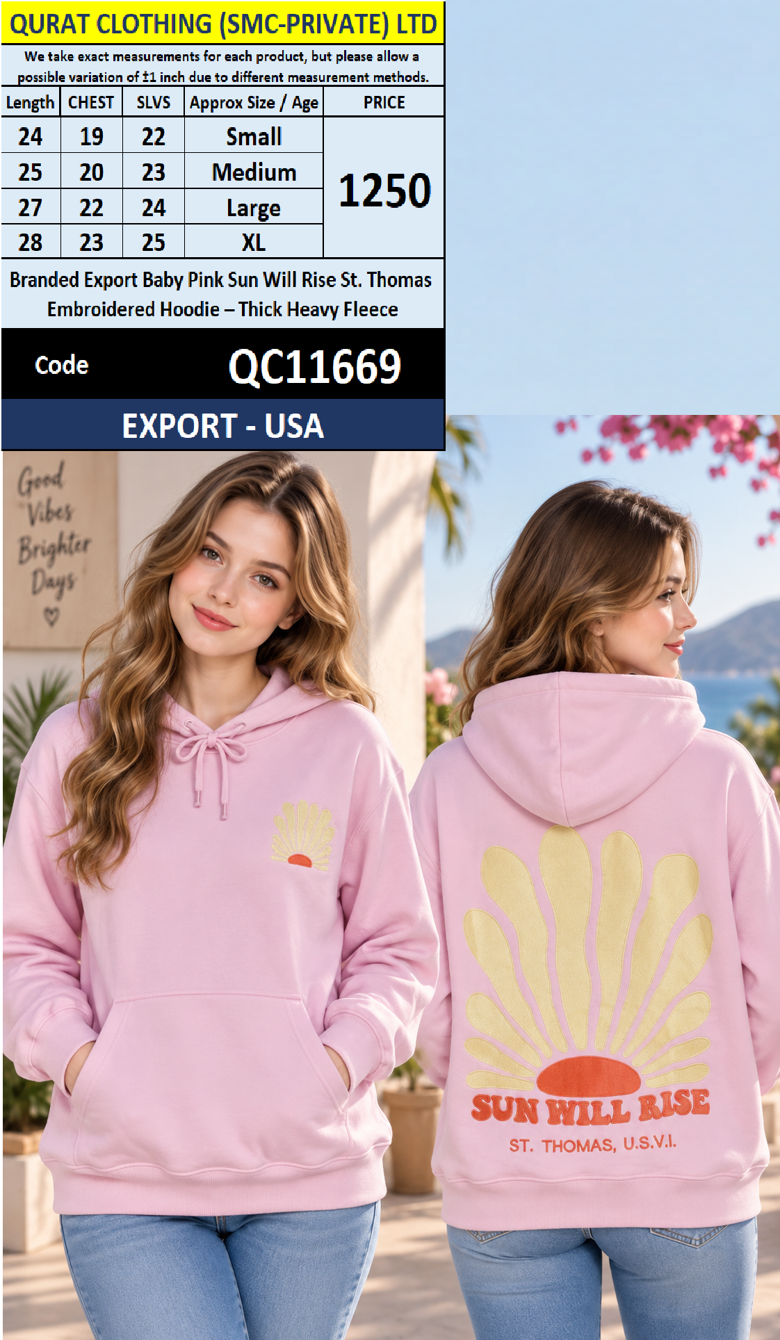 Branded Export Baby Pink Sun Will Rise St. Thomas Embroidered Hoodie – Thick Heavy Fleece – Export USA – QC11669