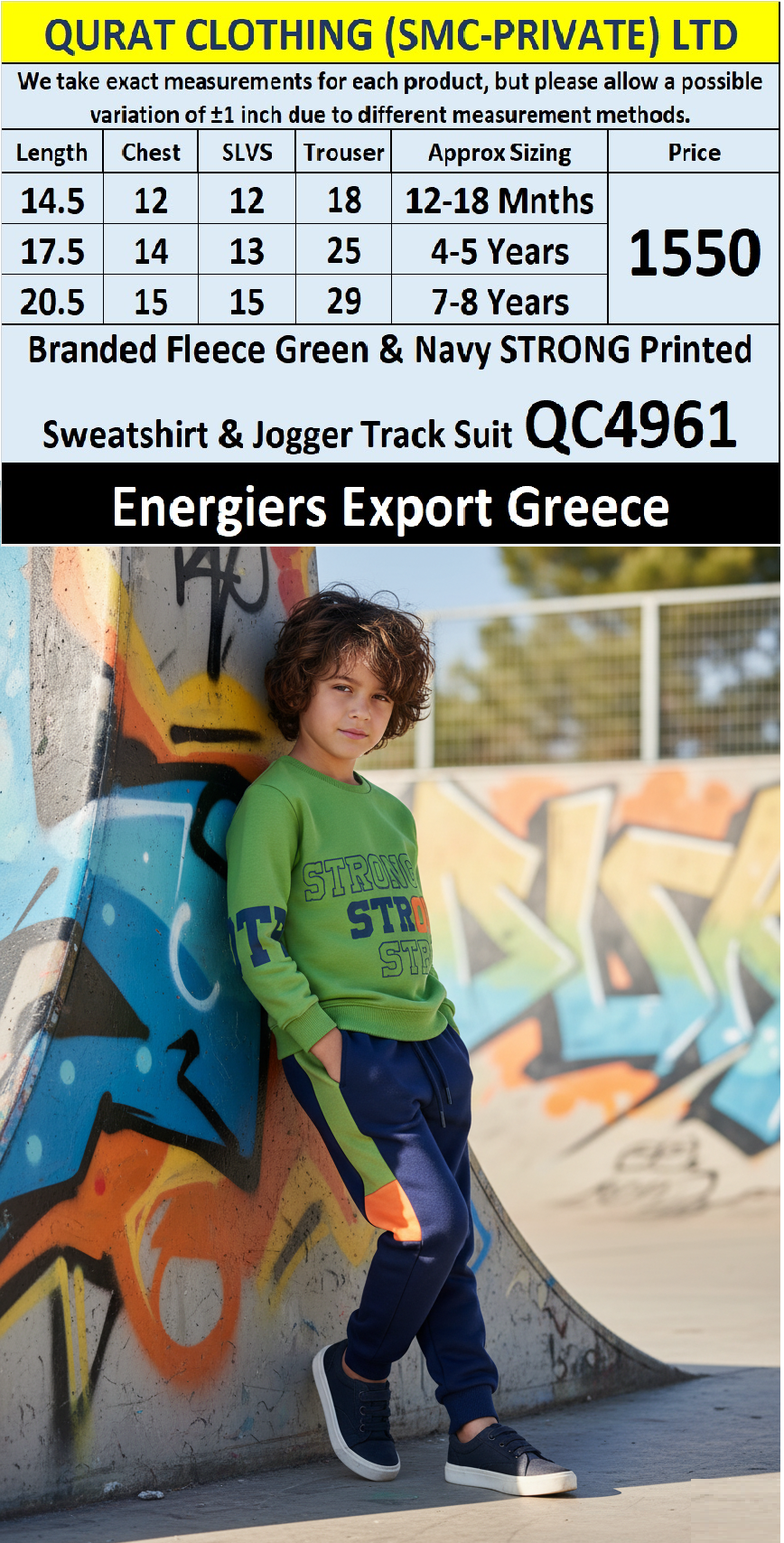 Energiers Brand Green & Navy “STRONG” Printed Fleece Sweatshirt & Jogger Track Suit QC4961 – Export Greece