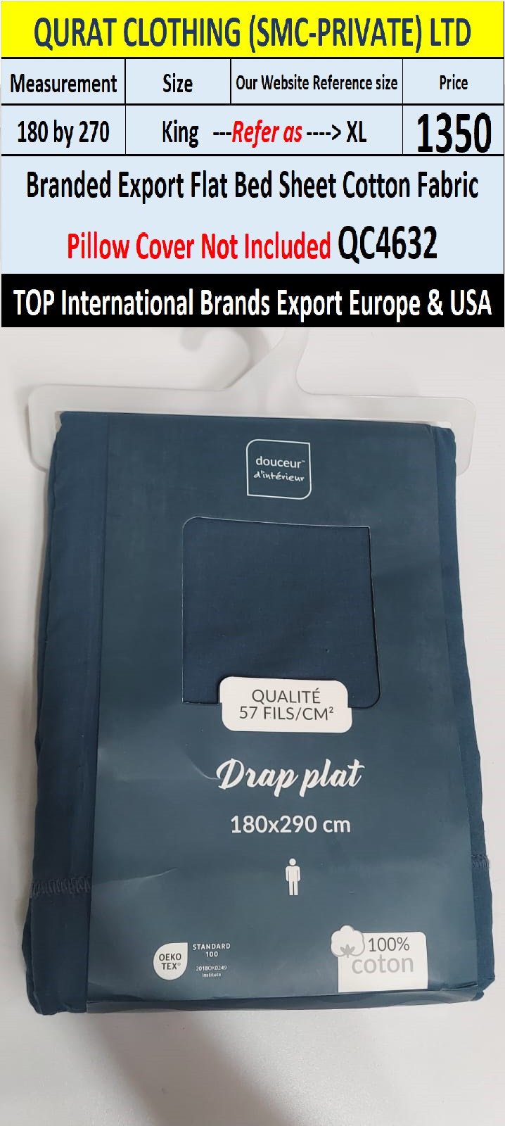 Top Intl Brand Flat Cotton Bed Sheet QC4632 Export Europe & USA