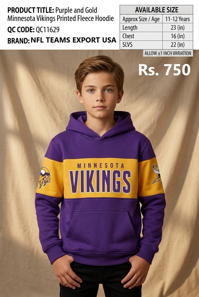 Purple and Gold Minnesota Vikings Printed Fleece Hoodie – Export USA – QC11629