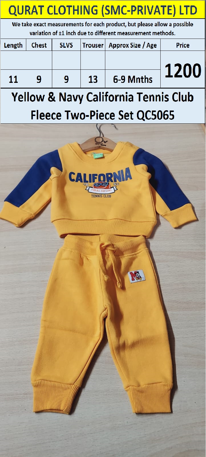 Yellow & Navy “California Tennis Club – Fun All Day Long” Fleece Two-Piece Set QC5065