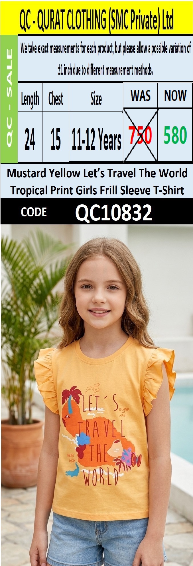 Mustard Yellow Let’s Travel The World Tropical Print Girls Frill Sleeve T-Shirt QC10832