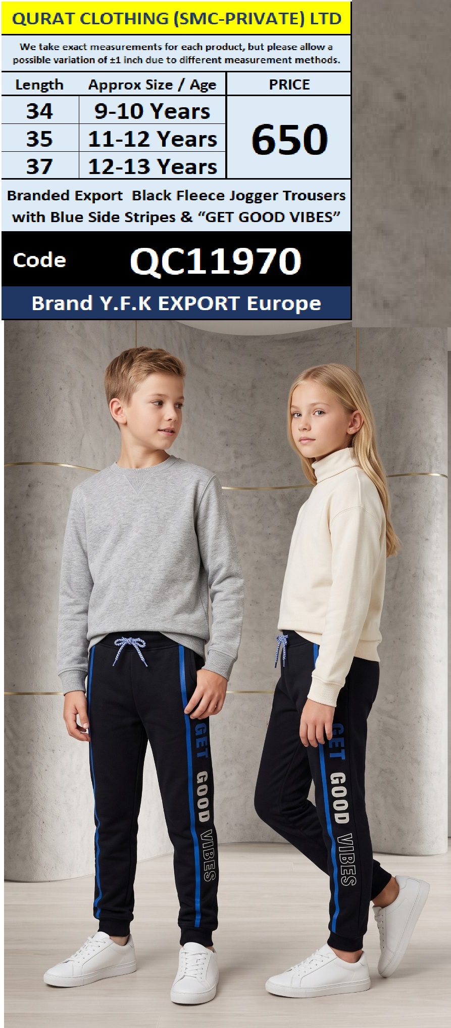 Y.F.K Export Europe Branded Export Black Fleece Jogger Trousers with Blue Side Stripes & “GET GOOD VIBES” – QC11970