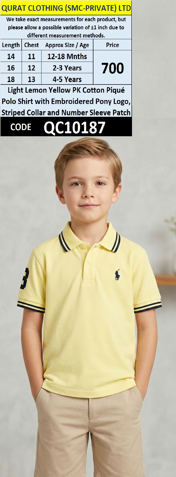 Light Lemon Yellow PK Cotton Piqué Polo Shirt with Embroidered Pony Logo, Striped Collar and Number Sleeve Patch – QC10187