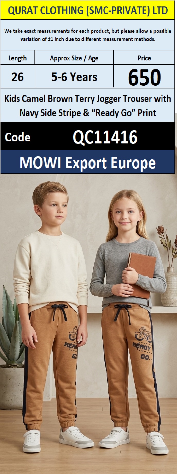MOWI Export Europe Kids Camel Brown Terry Jogger Trouser with Navy Side Stripe & Ready Go Print – QC11416