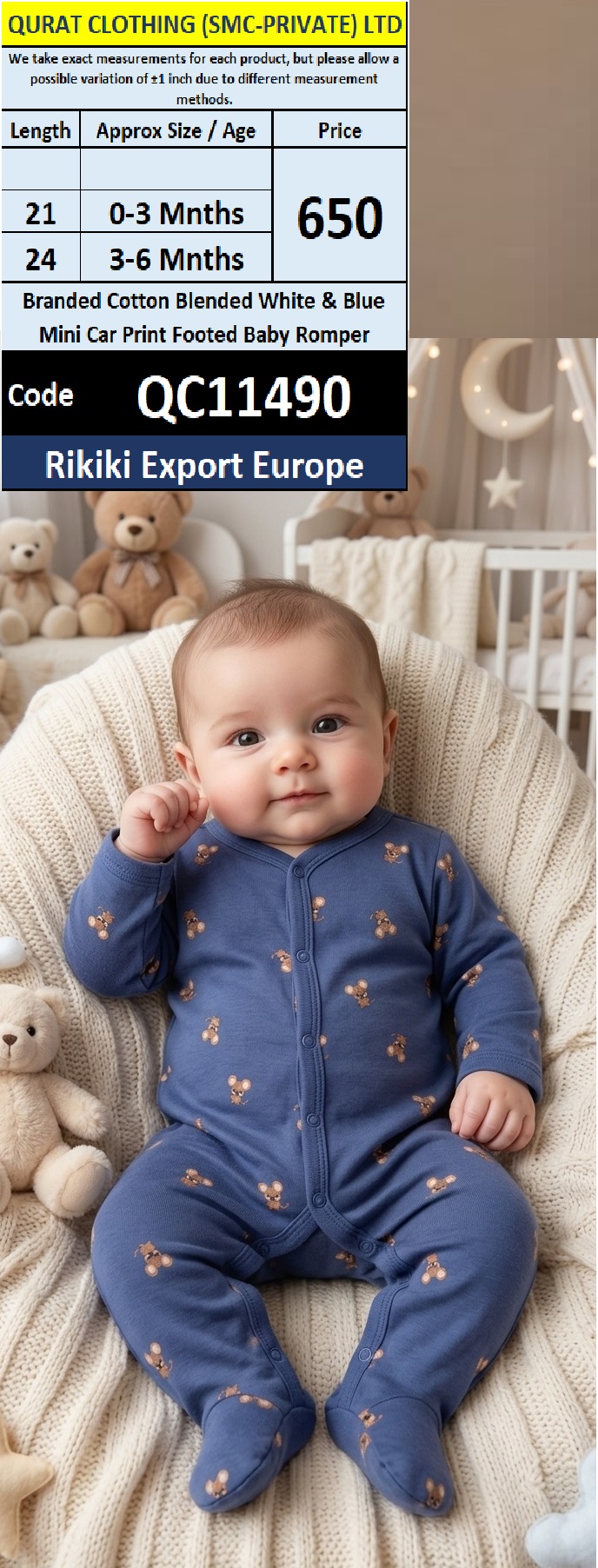 Rikiki Export Europe Branded Cotton Blended White & Blue Mini Car Print Footed Baby Romper – QC11490