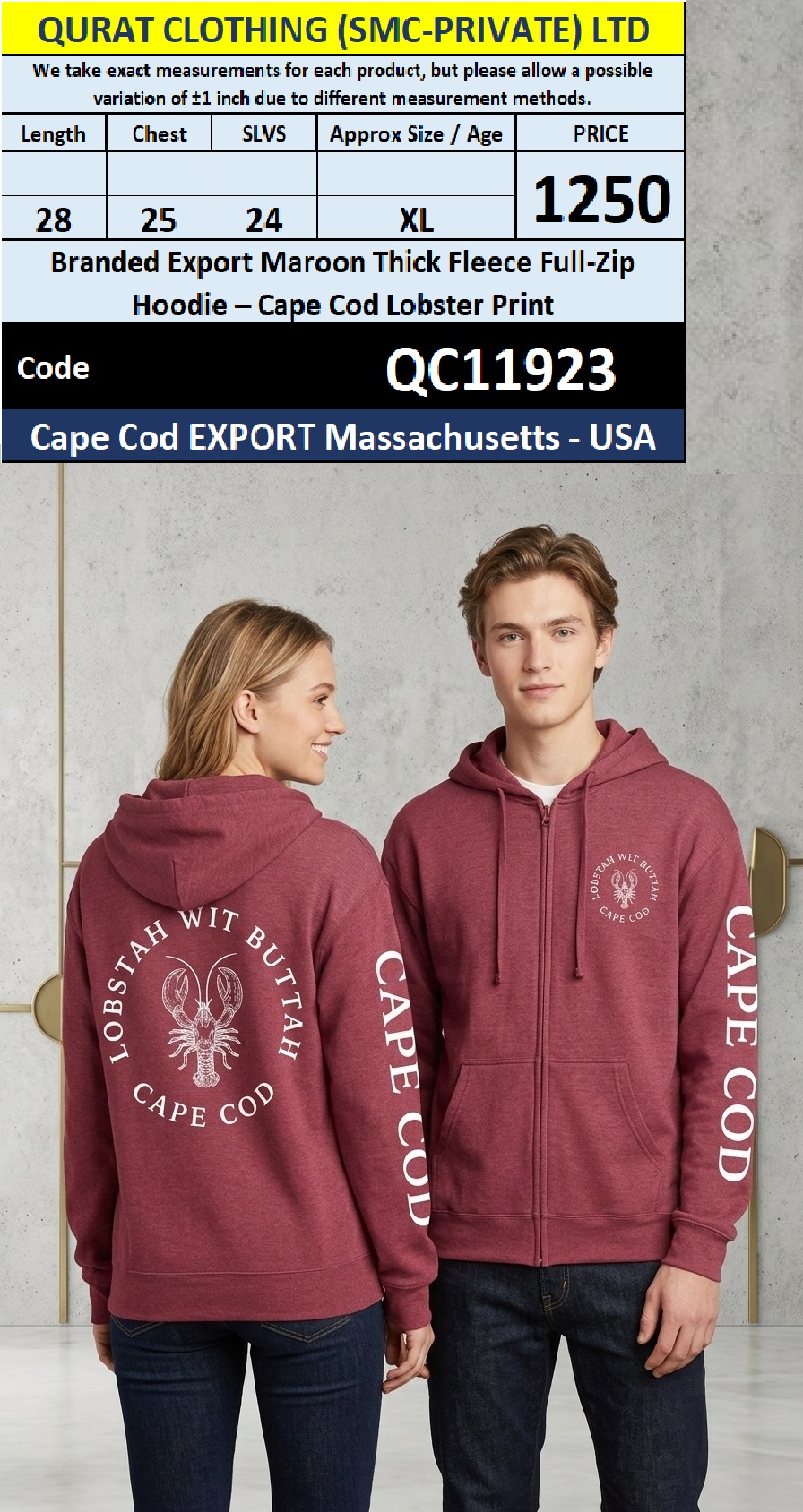 Branded Export Maroon Thick Fleece Full-Zip Hoodie – Cape Cod Lobster Print – Cape Cod Massachusetts USA – QC11923