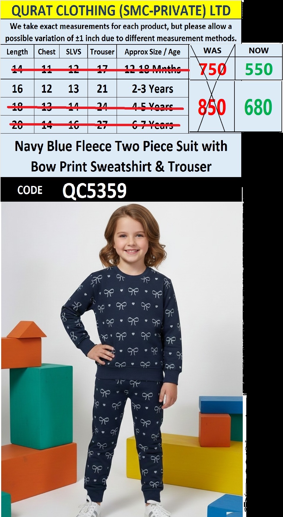 Navy Blue Fleece Two Piece Suit with Bow Print Sweatshirt & Trouser QC5359