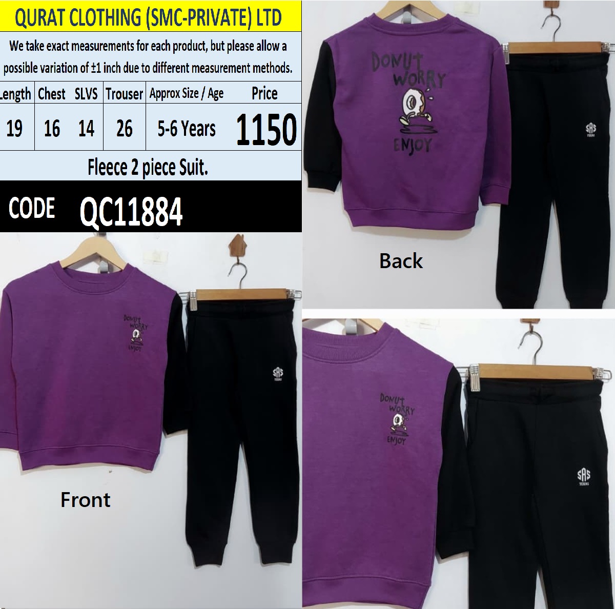 Purple and Black Fleece 2 Piece Suit with Donut Worry Enjoy Print — QC11884