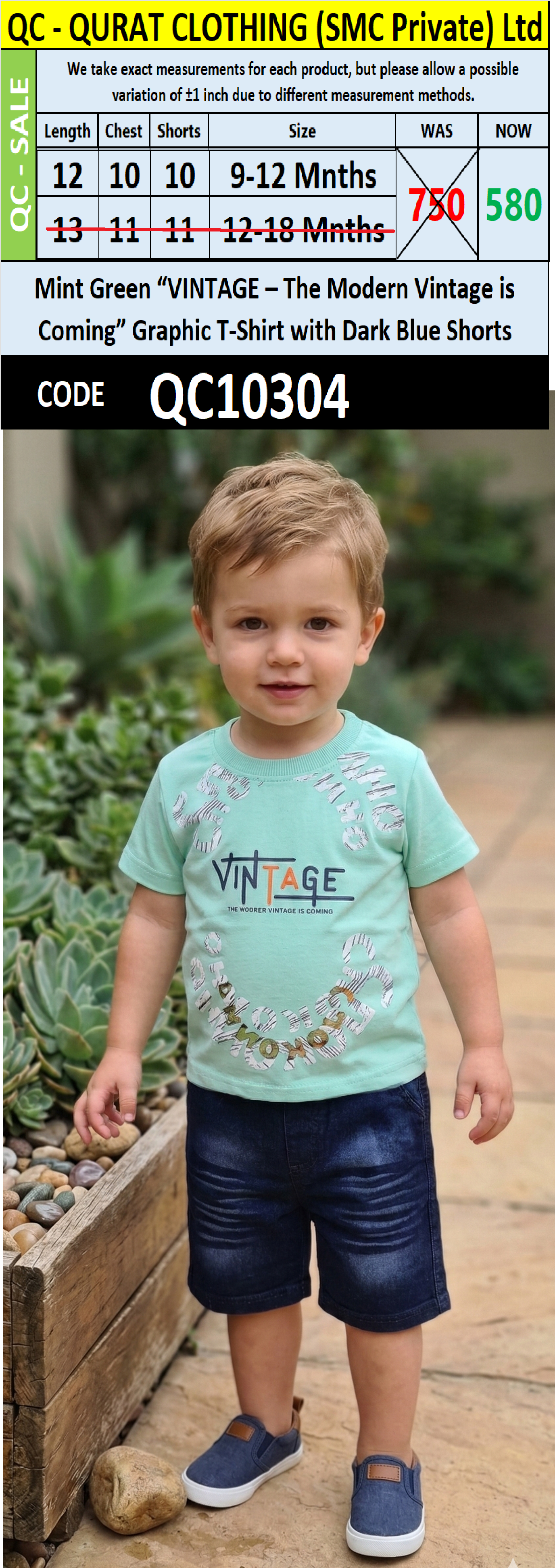 Mint Green “VINTAGE – The Modern Vintage is Coming” Graphic T-Shirt with Dark Blue Shorts – QC10304