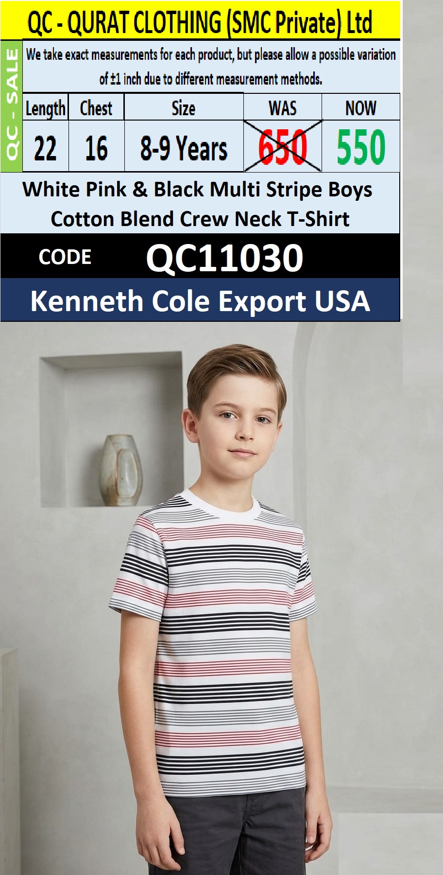 White Pink & Black Multi Stripe Boys Cotton Blend Crew Neck T-Shirt – QC11030 – Kenneth Cole Export USA