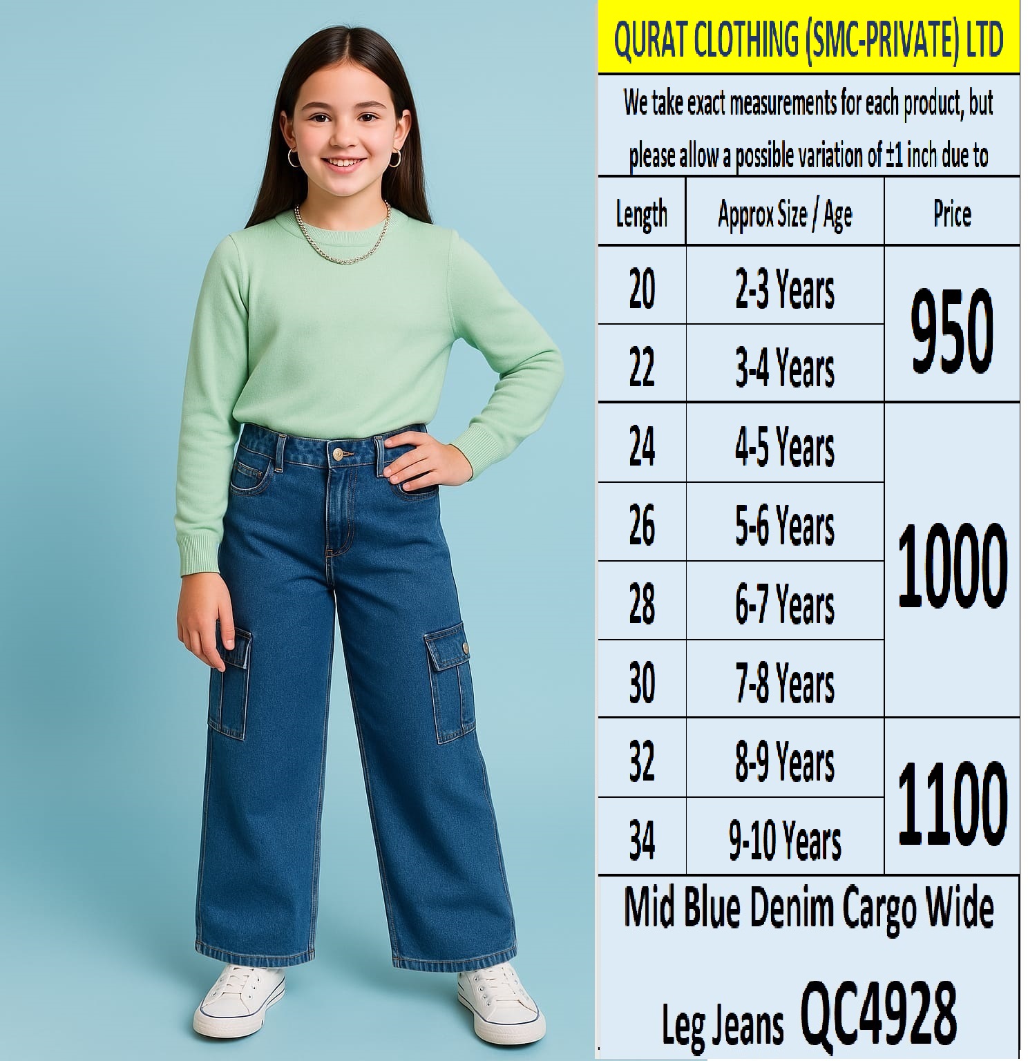 Girls Mid Blue Denim Cargo Wide Leg Jeans QC4928