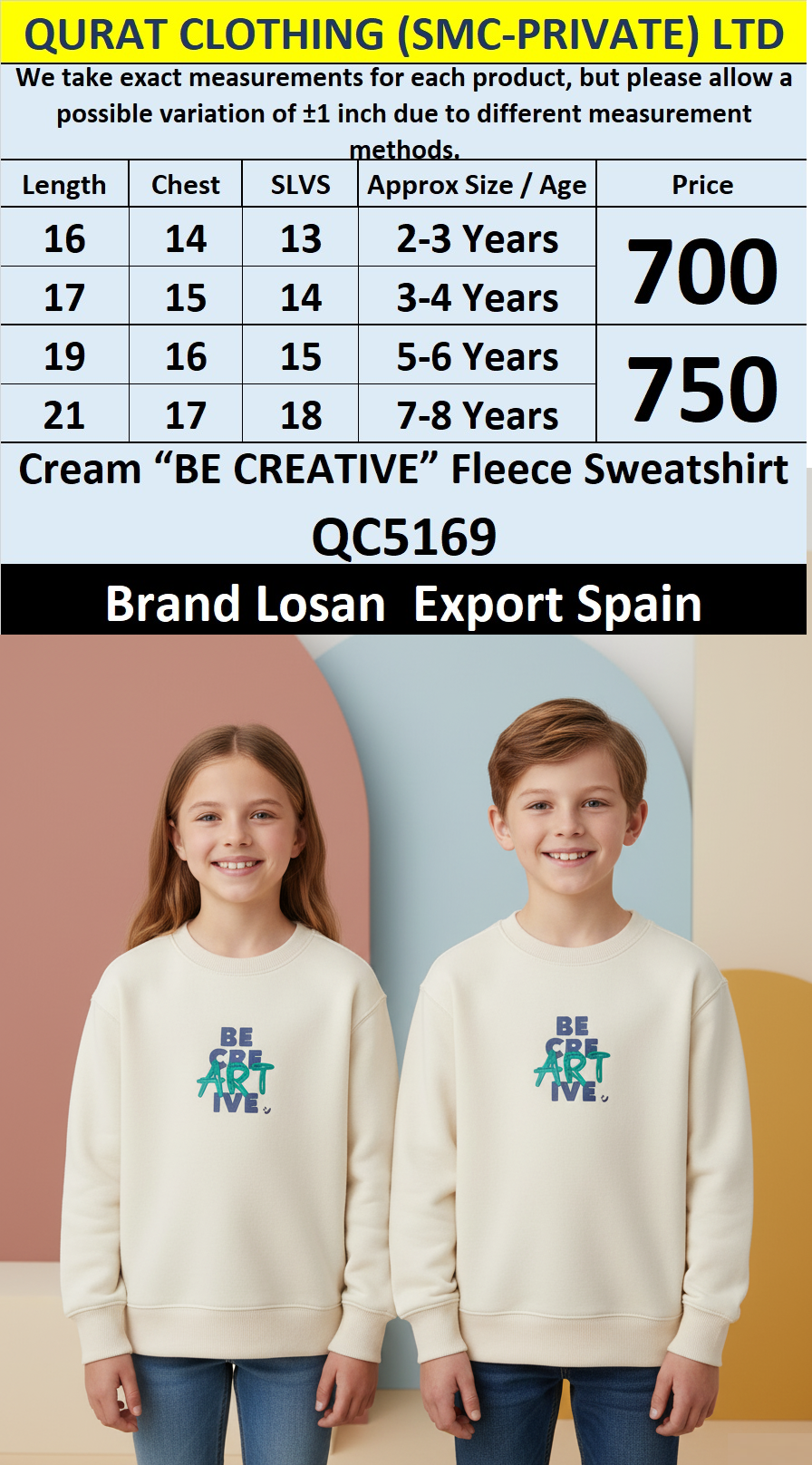 Losan Brand Cream “BE CREATIVE” Fleece Sweatshirt QC5169 – Export Spain