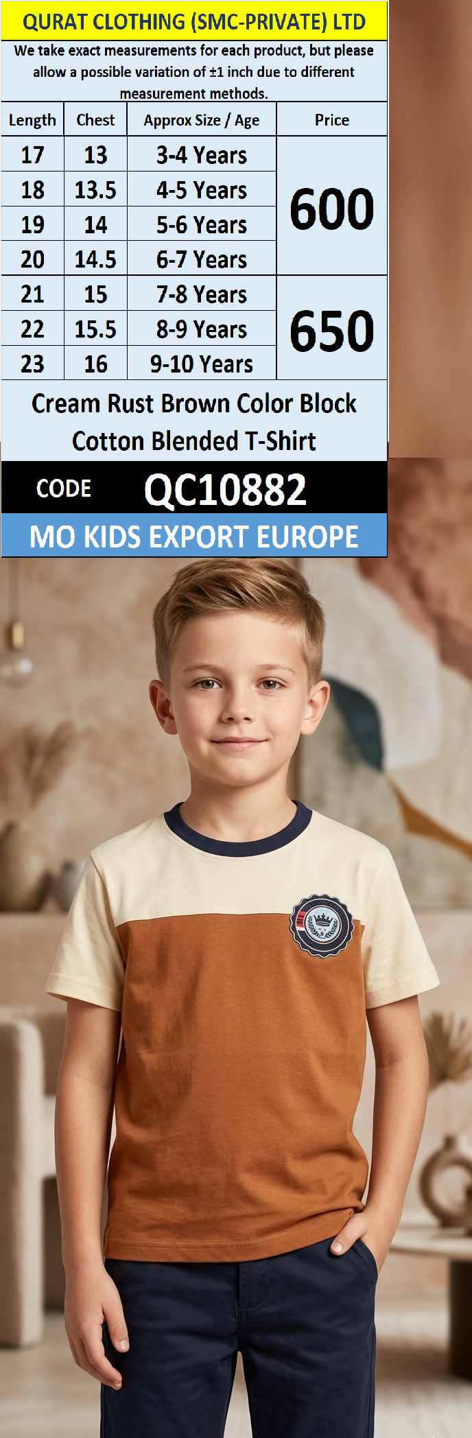 Cream Rust Brown Color Block Cotton Blended T-Shirt QC10882 - MO Kids Export Europe 
