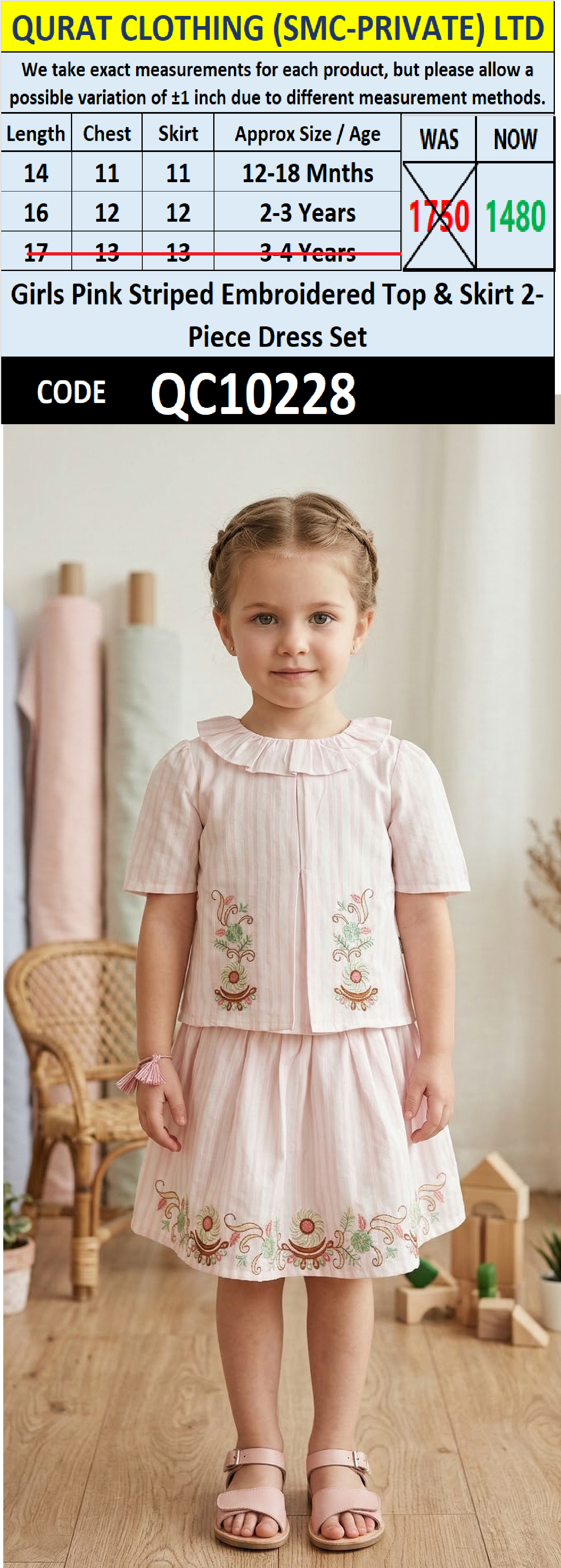 Girls Pink Striped Embroidered Top & Skirt 2-Piece Dress Set – QC10228