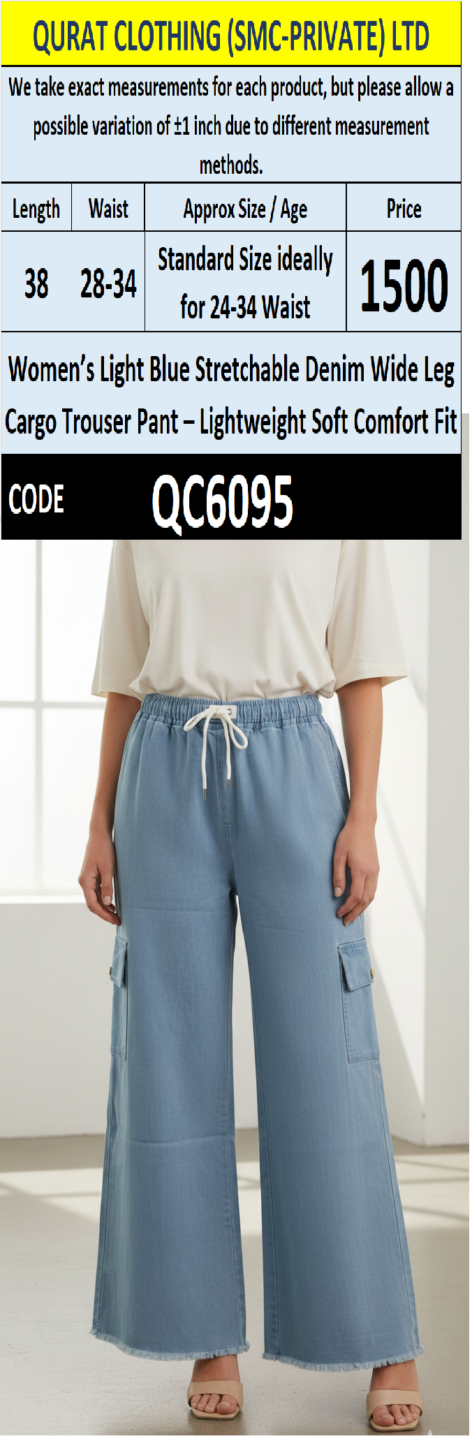 Women’s Light Blue Stretchable Denim Wide Leg Cargo Pant– Lightweight Soft Comfort Fit QC6095 - QC6095