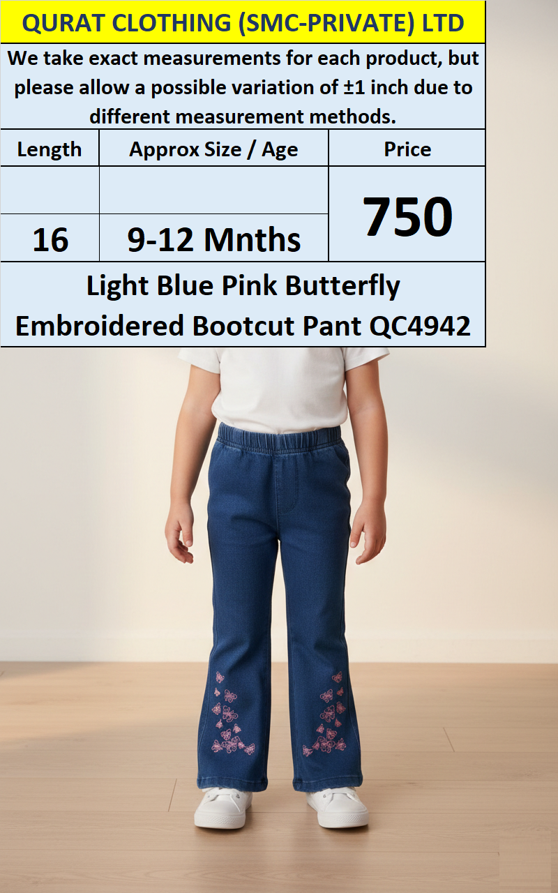 Girls Light Blue Pink Butterfly Embroidered Bootcut Pant QC4942