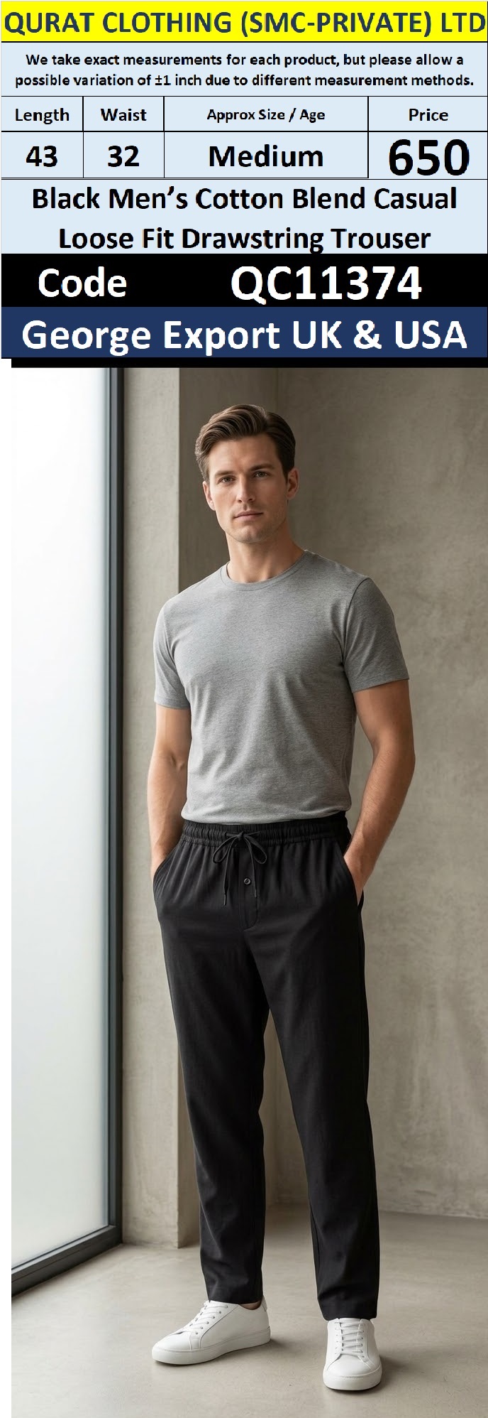 George Brand Black Men’s Cotton Blend Casual Loose Fit Drawstring Trouser – QC11374 - Export UA & USA 
