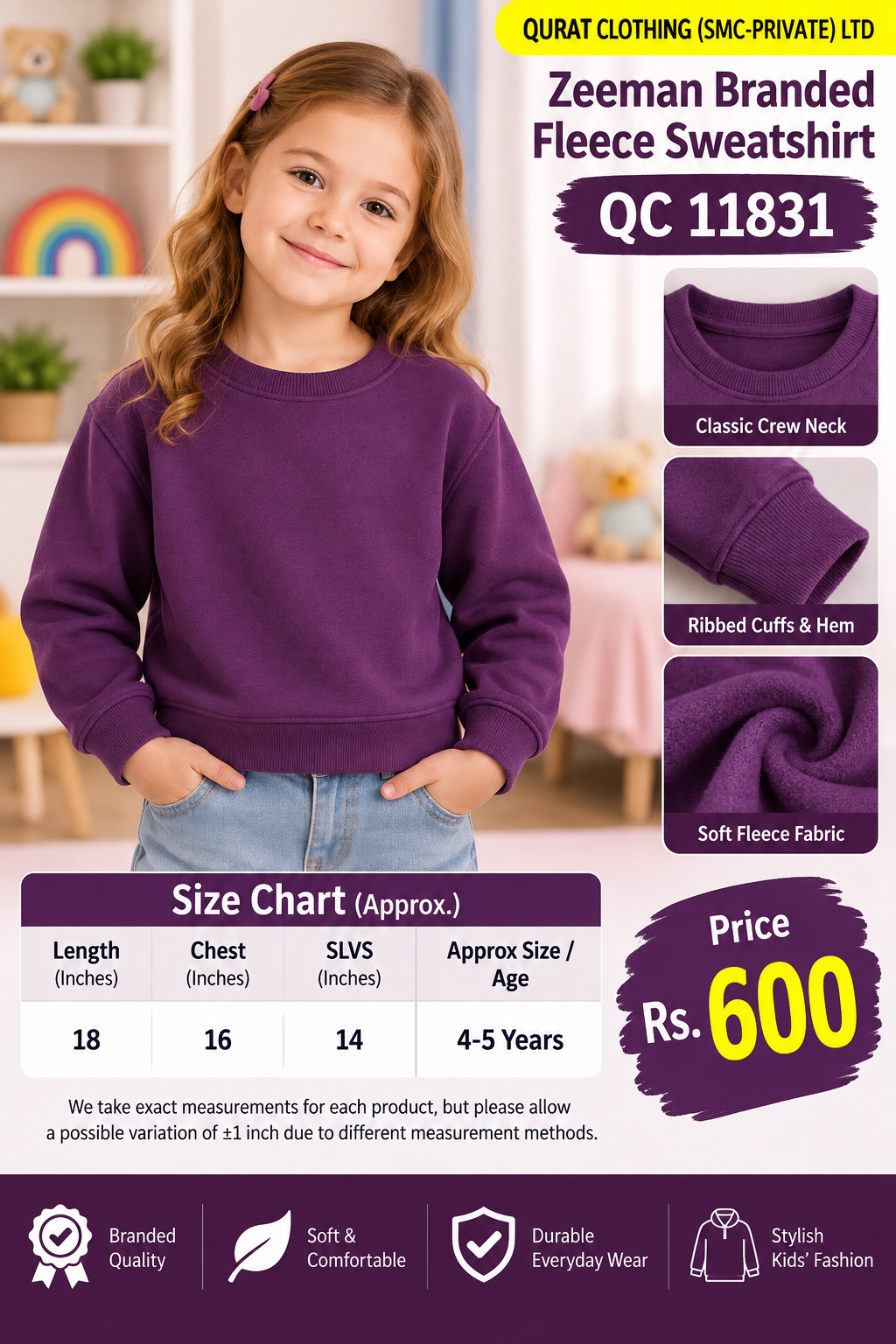 Zeeman Branded Purple Fleece Sweatshirt with plain finish with classic crew neck — QC11831