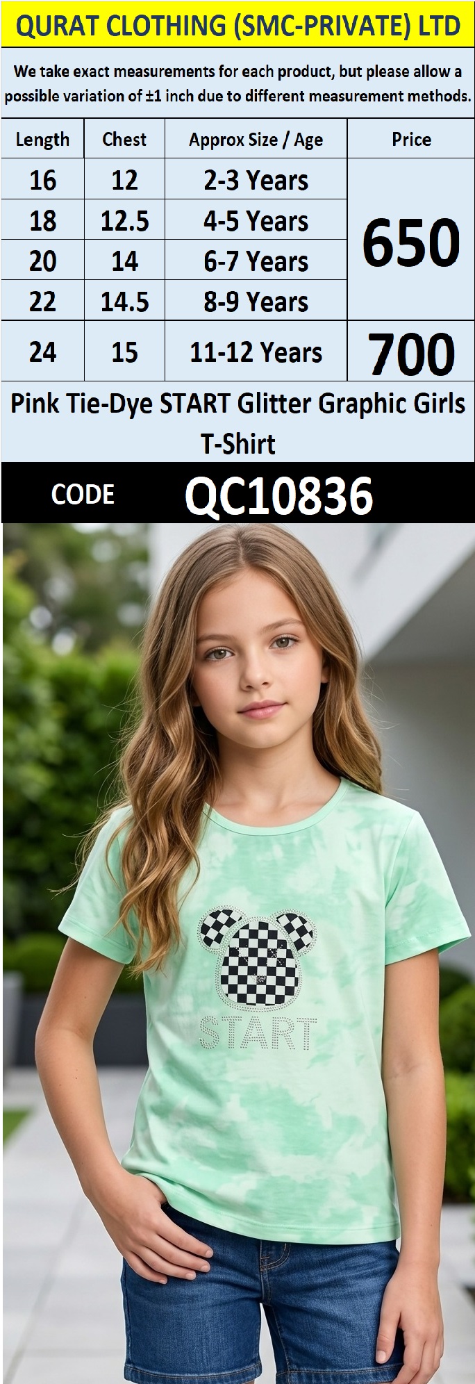 Mint Green Tie-Dye START Glitter Graphic Girls T-Shirt QC10836