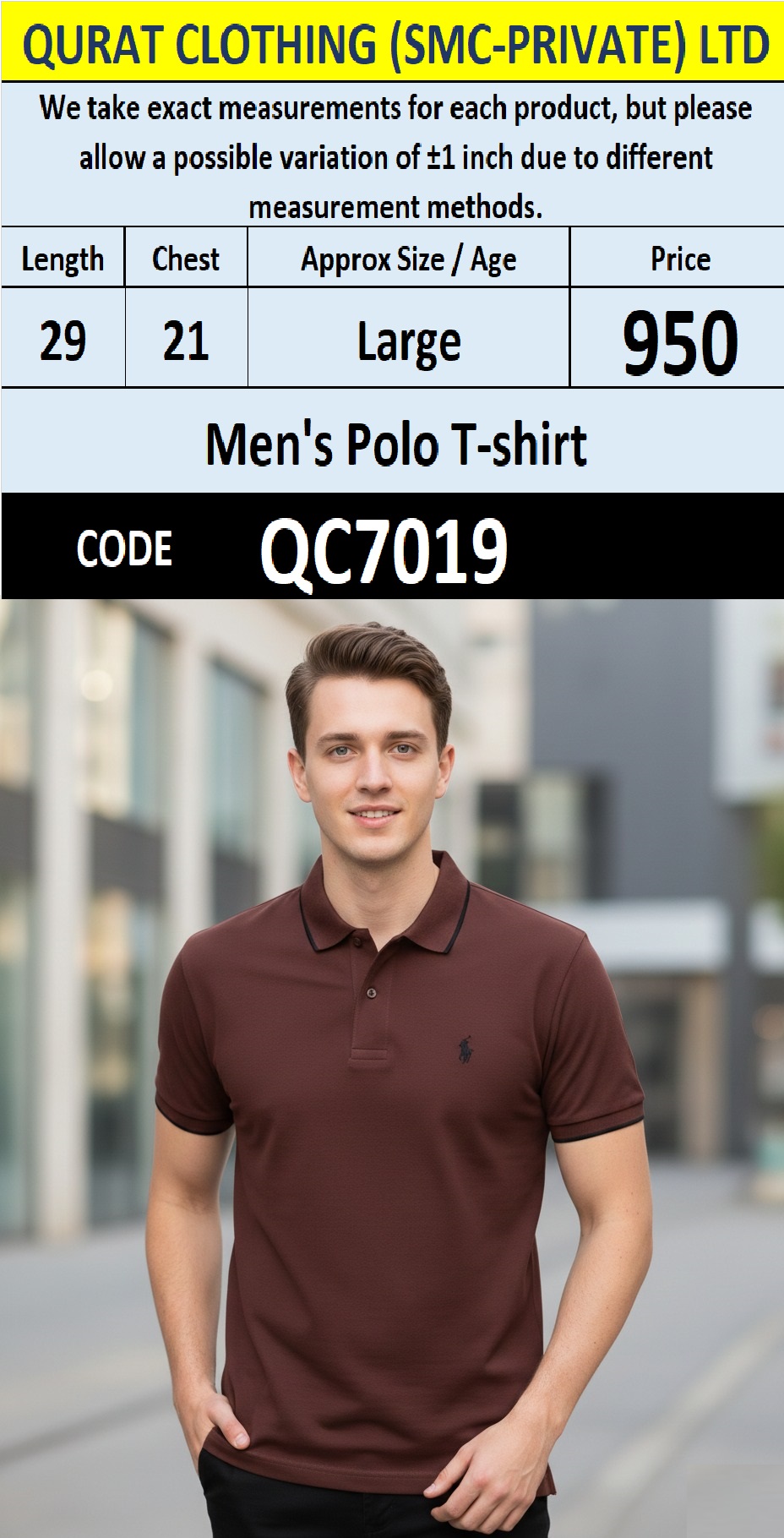 Chocolate Brown PK Cotton Piqué Polo T-Shirt Contrast Collar Men’s Regular Fit QC7019
