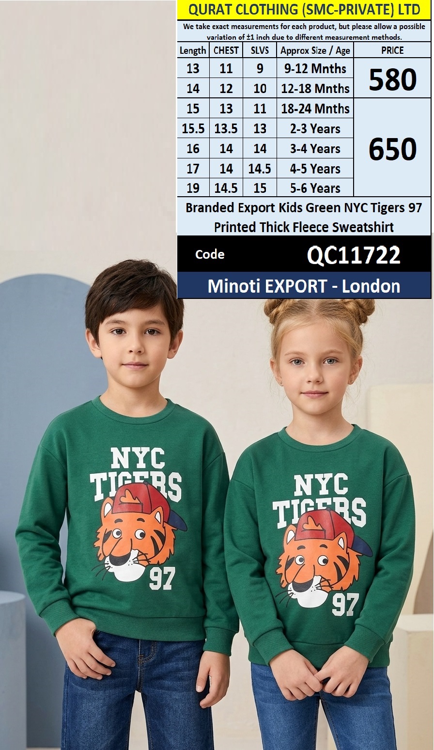 Branded Export Kids Green NYC Tigers 97 Printed Thick Fleece Sweatshirt Minoti EXPORT - London QC11722