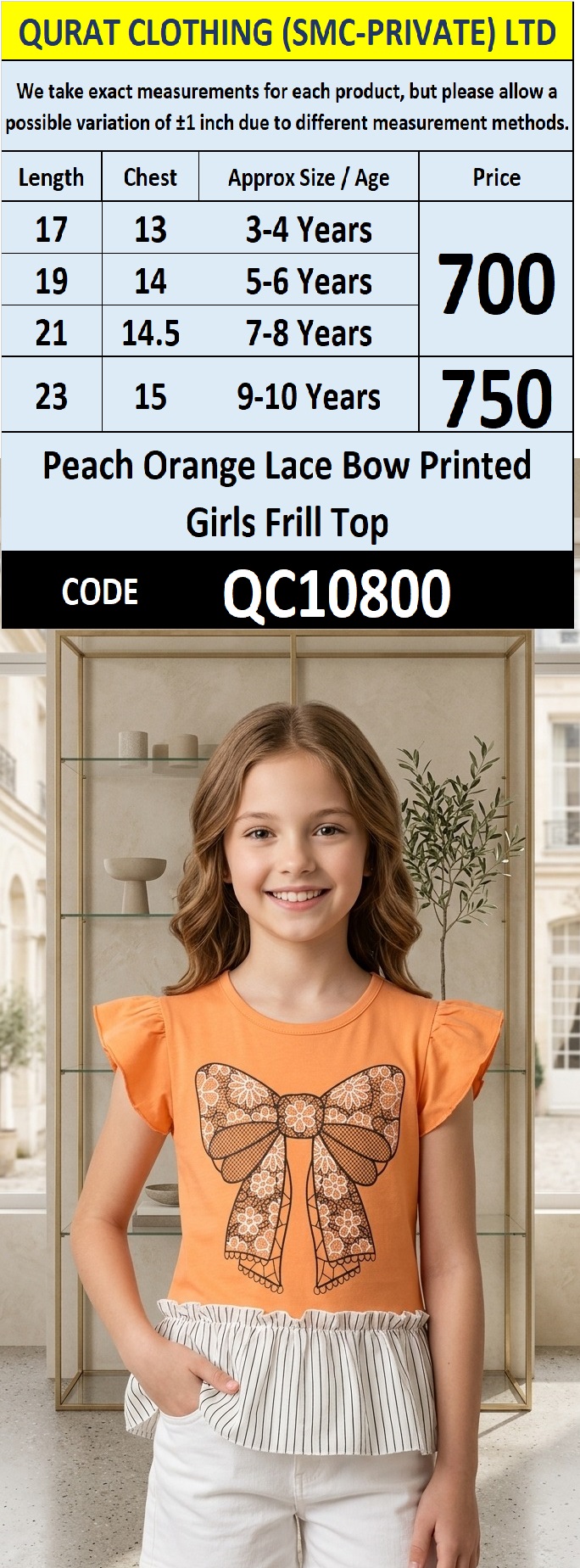Peach Orange Lace Bow Printed Girls Frill Top QC10800