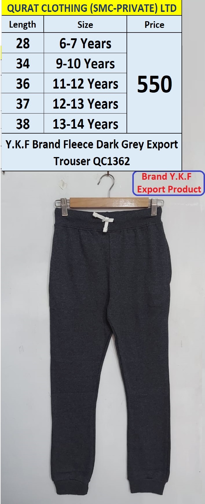 Y.K.F Brand Fleece Dark Grey Export Trouser QC1362