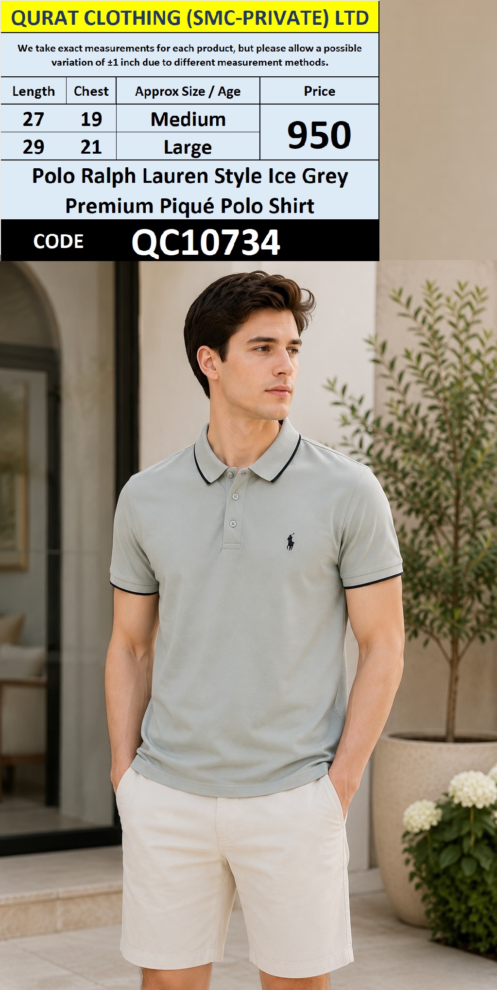 Polo Ralph Lauren Style Ice Grey Premium Piqué Polo Shirt – QC10734