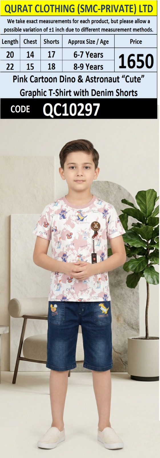 Pink Cartoon Dino & Astronaut “Cute” Graphic T-Shirt with Denim Shorts QC10297