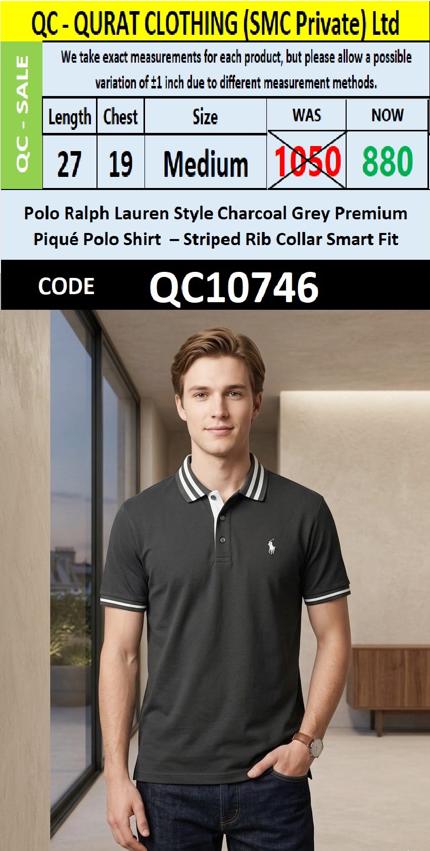 Polo Ralph Lauren Style Charcoal Grey Premium Piqué Polo Shirt – Striped Rib Collar Smart Fit QC10746