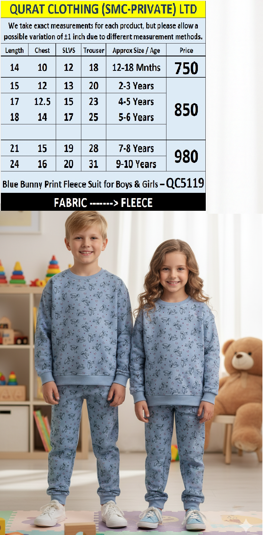 Blue Bunny Print Fleece Suit for Boys & Girls – QC5119