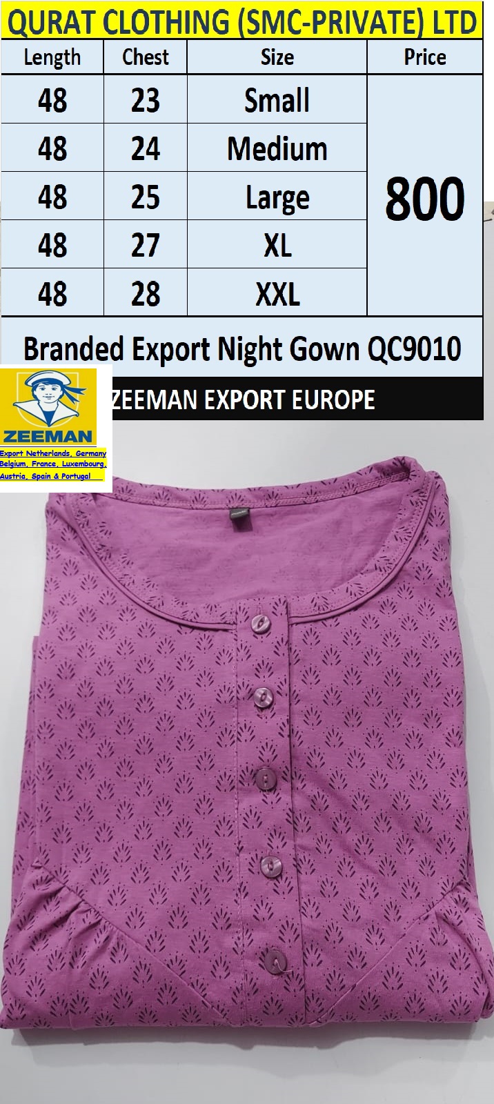 Zeeman Brand Nightgowns QC9010 Export Europe