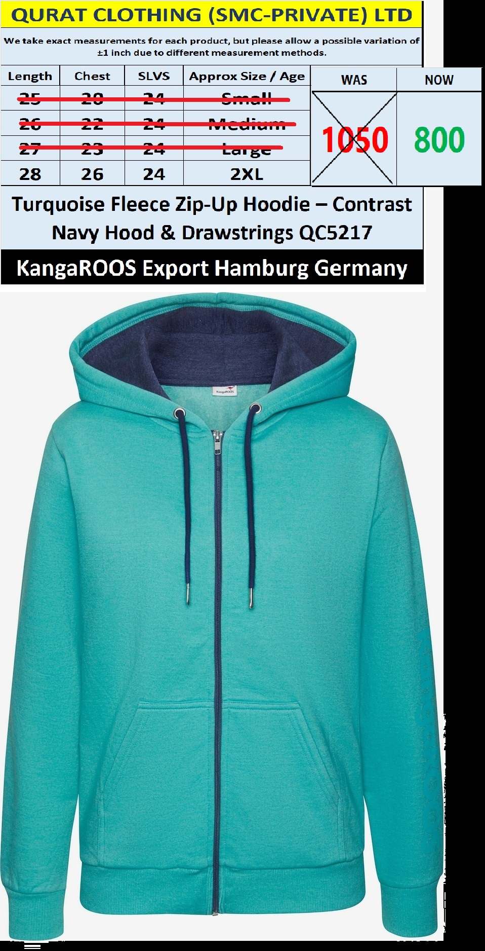 KangaROOS Brand Turquoise Fleece Zip-Up Hoodie QC5217 – Export Hamburg Germany