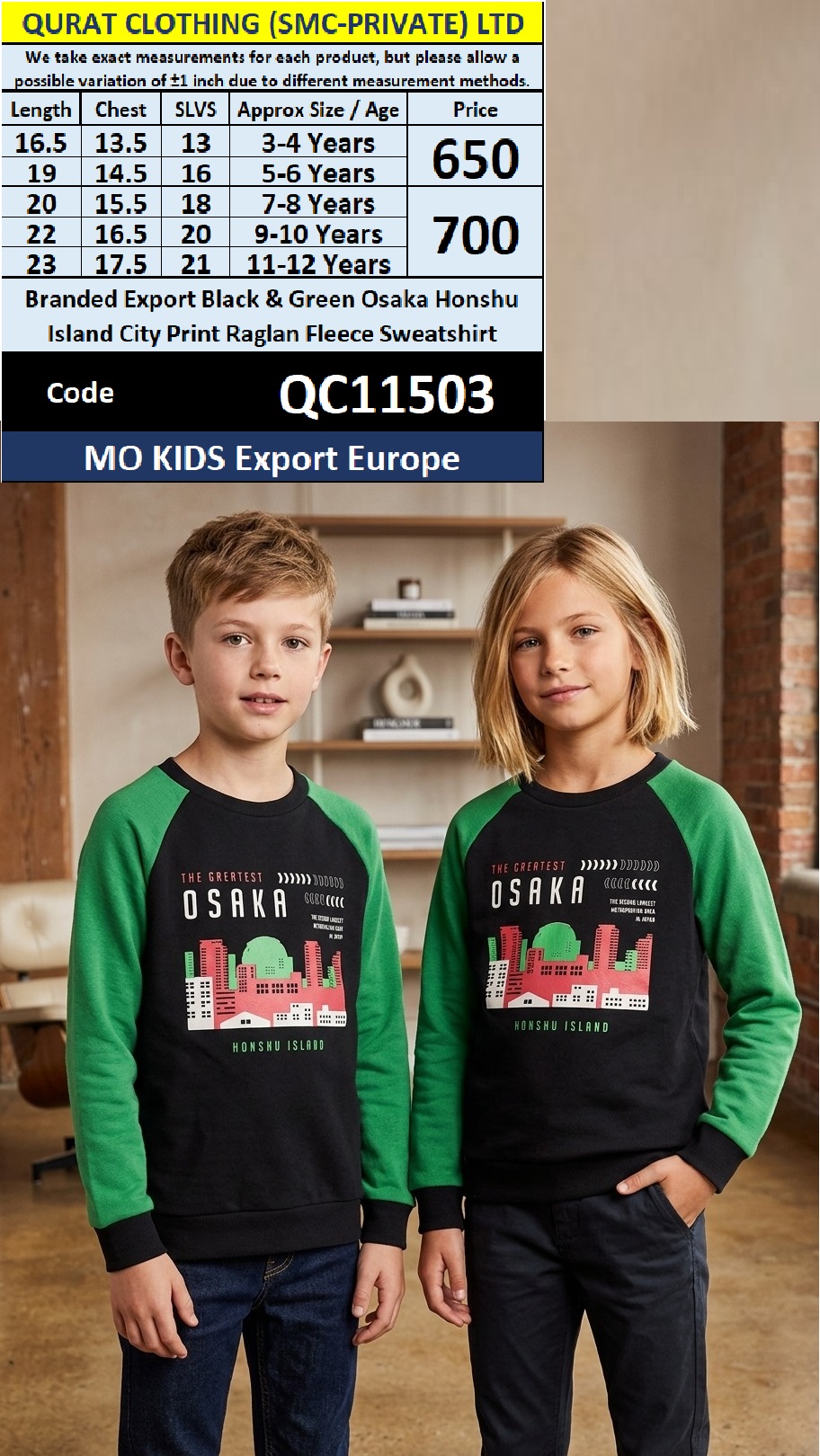MO KIDS Export Europe Branded Black & Green Osaka Honshu Island City Print Raglan Fleece Sweatshirt – QC11503