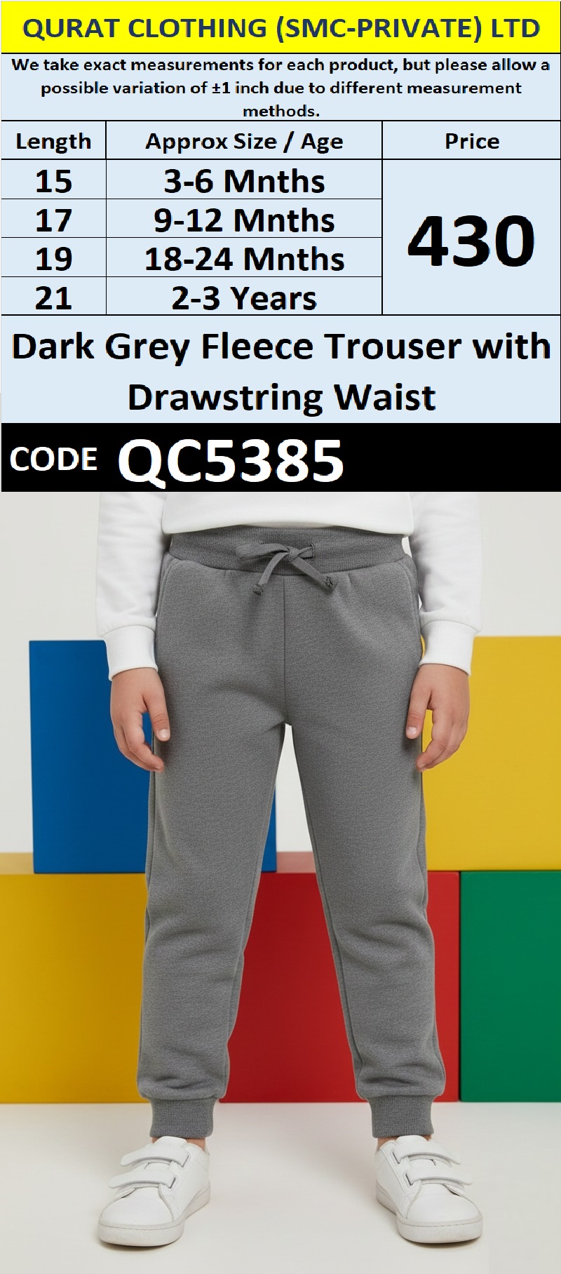 Dark Grey Fleece Trouser with Drawstring Waist for Babies & Kids QC5385