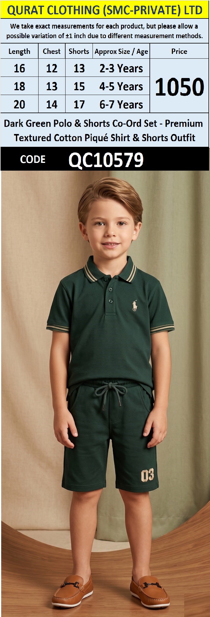 Dark Green Polo & Shorts Co-Ord Set – Premium Textured Cotton Piqué Shirt & Shorts Outfit QC10579