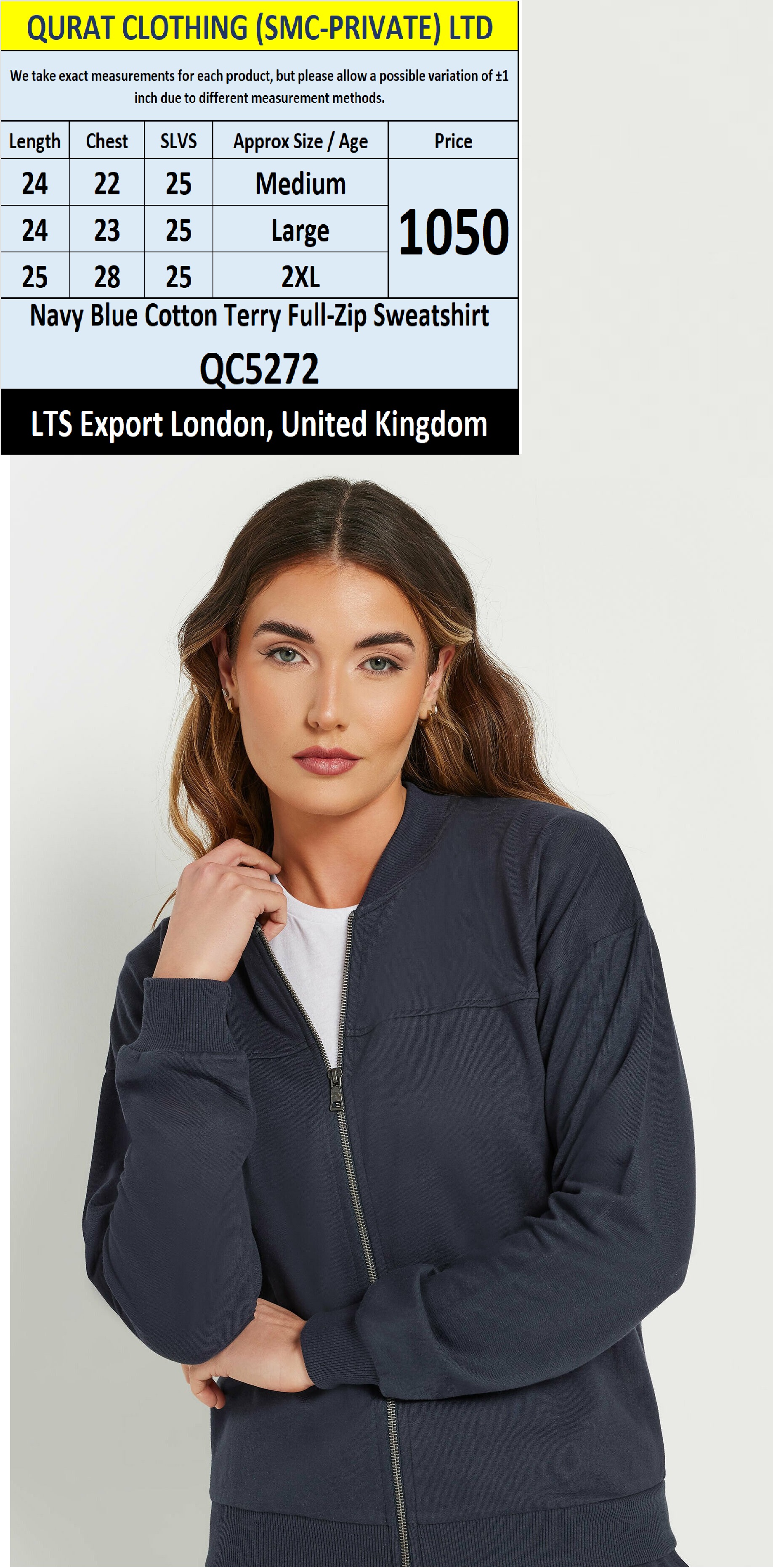 LTS Navy Blue Cotton Terry Full-Zip Sweatshirt QC5272 – Export London UK