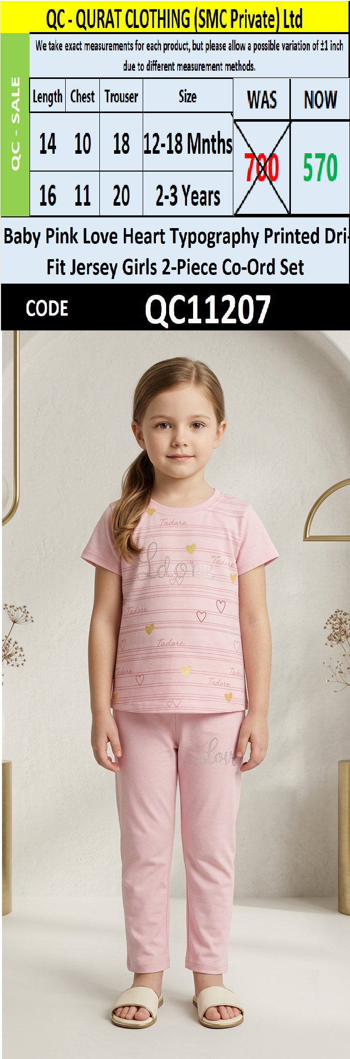Baby Pink Love Heart Typography Printed Dri-Fit Jersey Girls 2-Piece Co-Ord Set QC11207