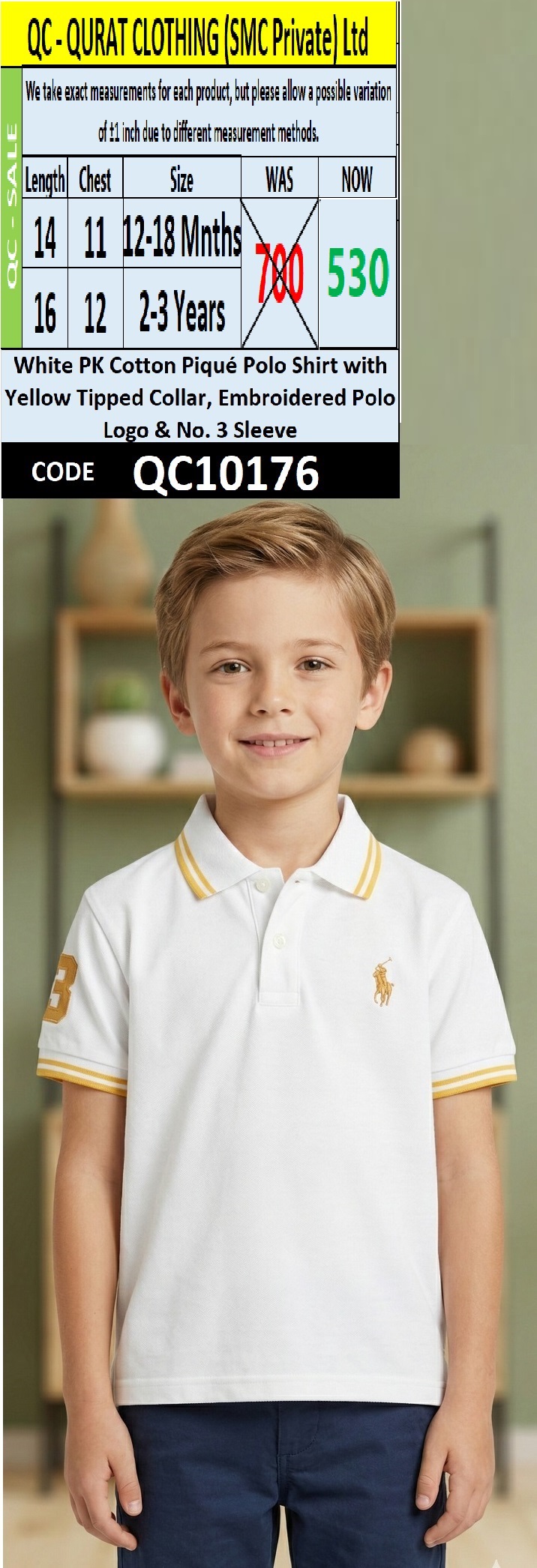 White PK Cotton Piqué Polo Shirt with Yellow Tipped Collar, Embroidered Polo Logo & No. 3 Sleeve – QC10176