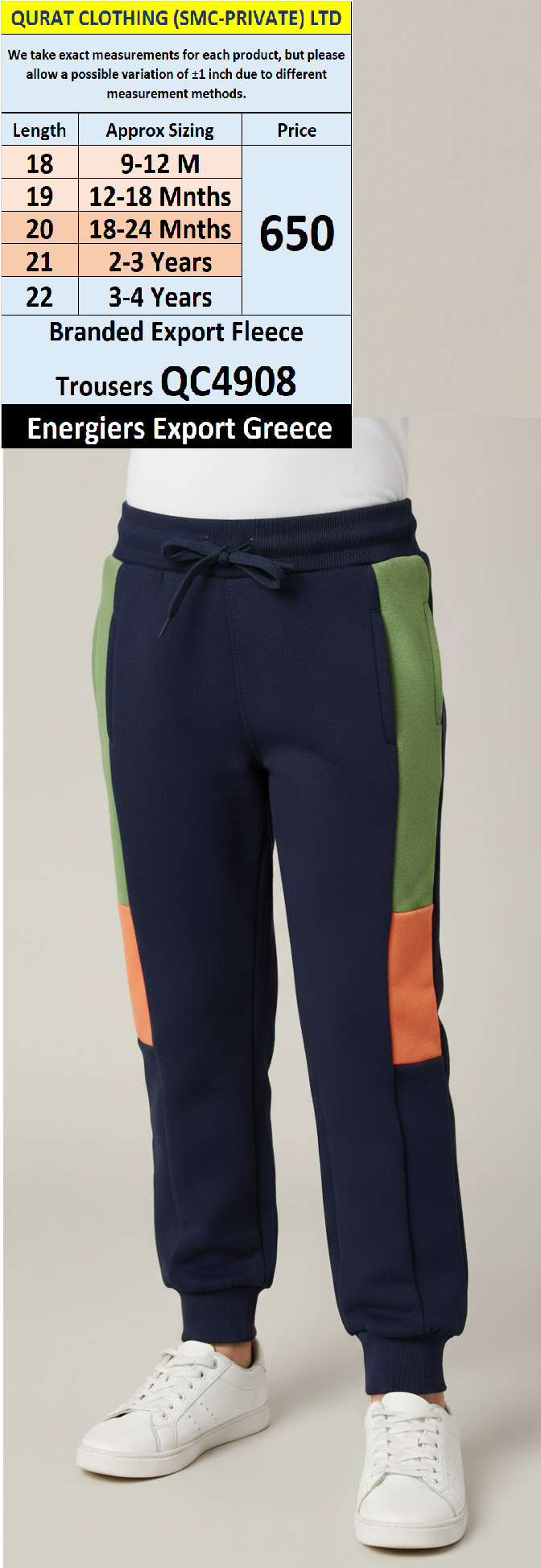 Energiers Brand Navy Blue Fleece Jogger Trousers with Green & Orange Side Panels QC4908 – Export Greece