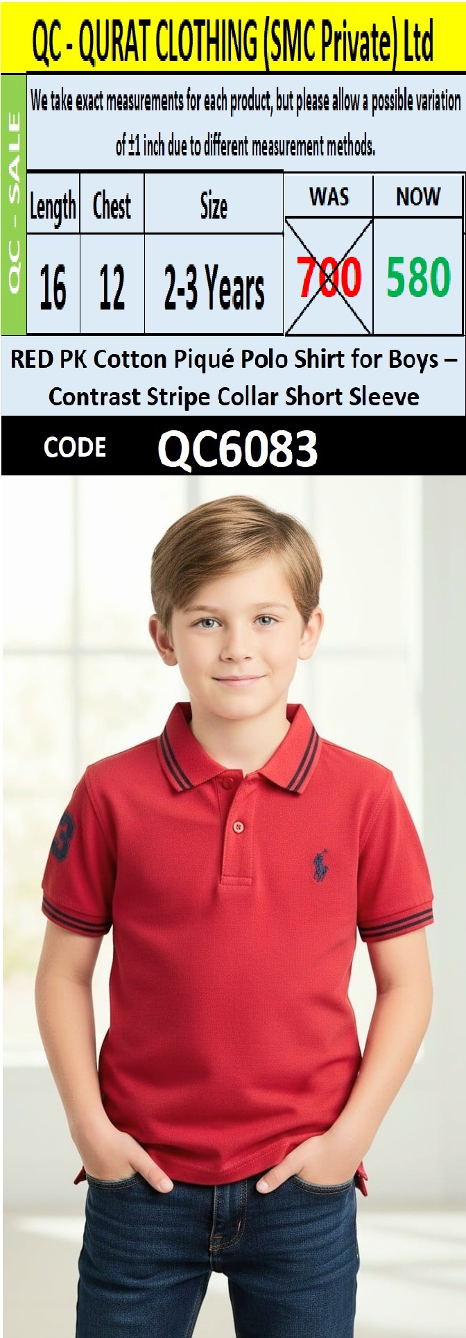 Boys Red PK Cotton Piqué Polo Shirt Number 3 Contrast Stripe Collar Short Sleeve – Premium Smart Polo QC6083