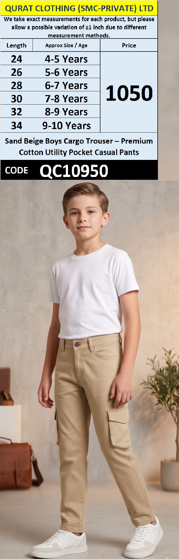 Sand Beige Boys Cargo Trouser – Premium Cotton Utility Pocket Casual Pants – QC10950
