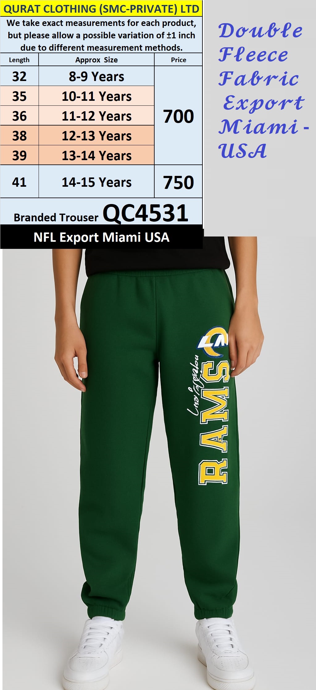 NFL Brand Fleece Trouser QC4531 Export Miami - USA