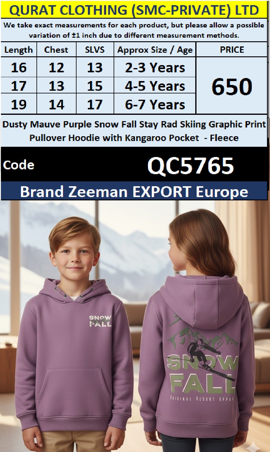 Dusty Mauve Purple Snow Fall Stay Rad Skiing Graphic Print Pullover Hoodie with Kangaroo Pocket - Fleece - QC5765