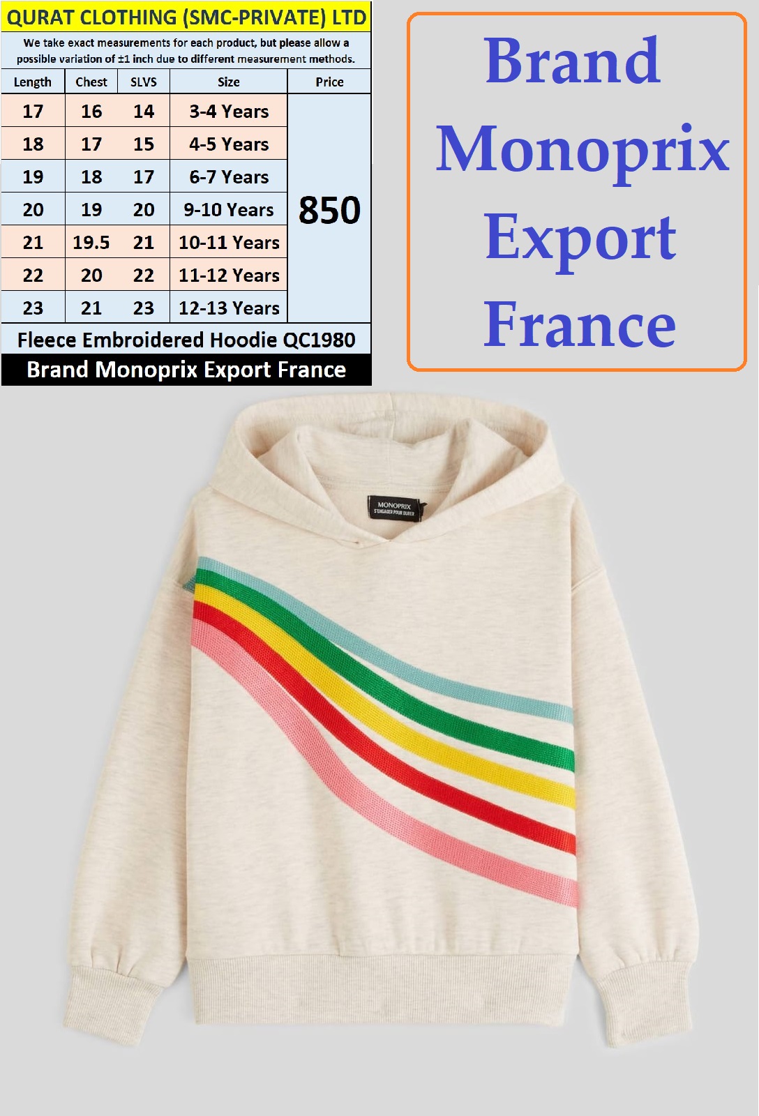 Monoprix Brand Fleece Embroidered Hoodie QC1980 Export France 