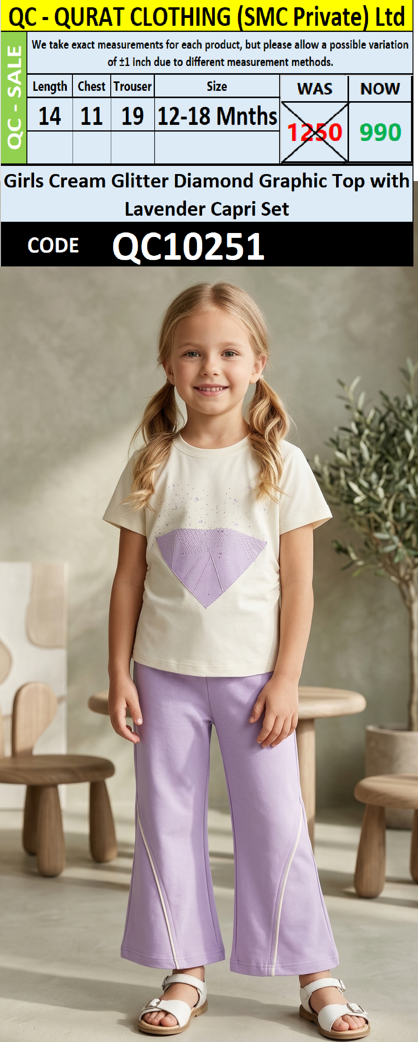 Girls Cream Glitter Diamond Graphic Top with Lavender Capri Set – QC10251