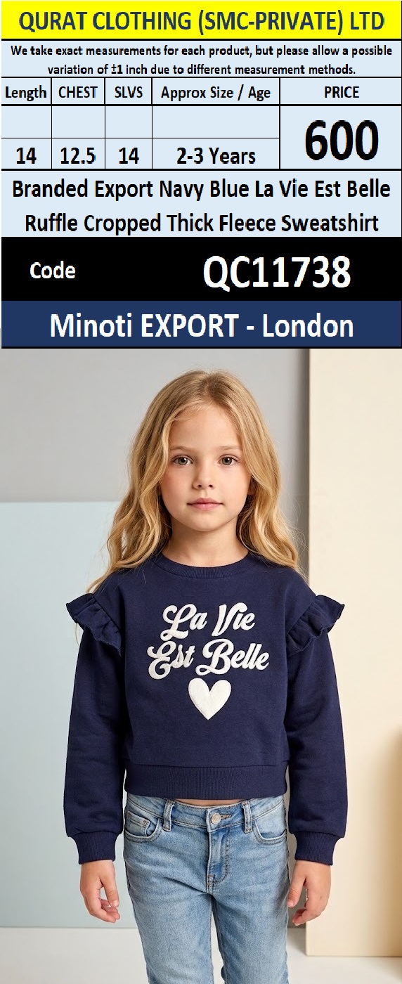 Branded Export Navy Blue La Vie Est Belle Ruffle Cropped Thick Fleece Sweatshirt Minoti EXPORT - London QC11738