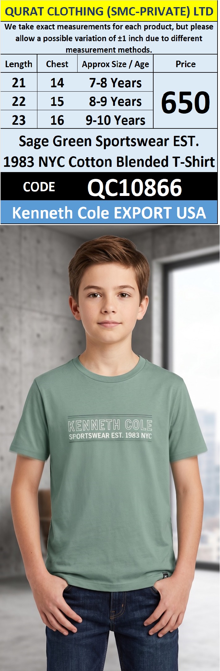 Sage Green Sportswear EST. 1983 NYC Cotton Blended T-Shirt QC10866 – Kenneth Cole Export USA