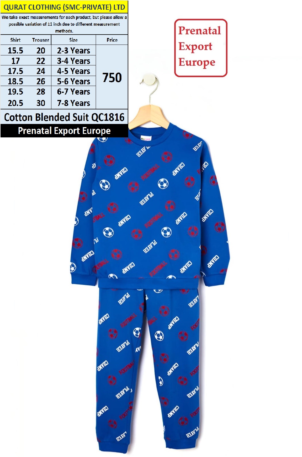 Prenatal Brand Cotton Blended Suit QC1816 Export Europe
